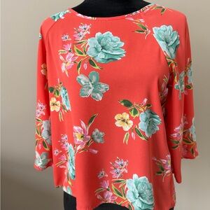 Papermoon Petite Small Coral & Blue Floral 3/4 Sleeve Blouse